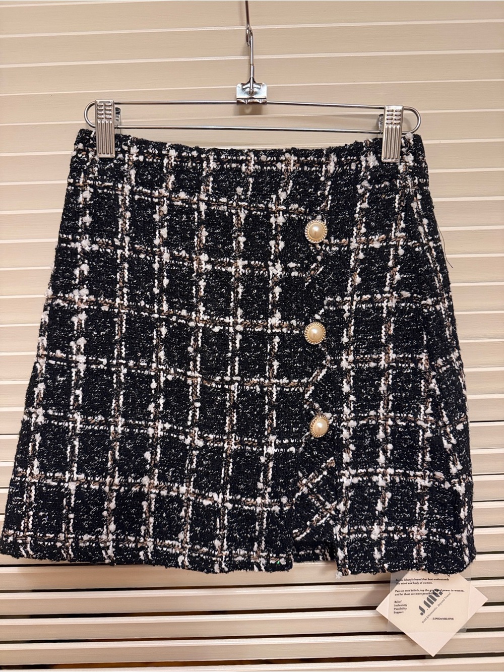 J.ING Black and White Tweed Mini Skirt with Pearl Buttons, Size XSmall